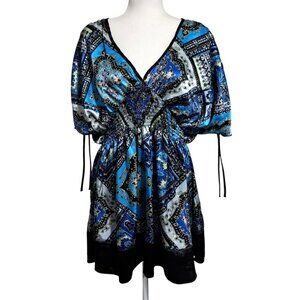 Gemstone USA Made Large Boho Paisley Print Smocked Babydoll Tunic Blouse